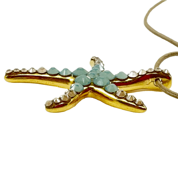 Ekaterini Halskette, Starfish, Seestern, aquablaue Swarovski Kristalle an brauner Kordel und goldenen Akzenten, seitliche